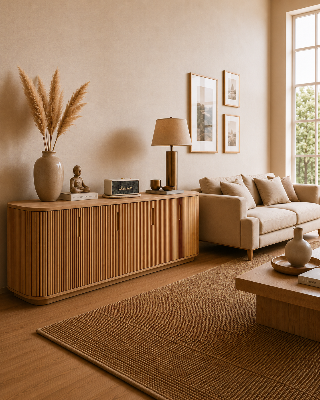 Marshall speaker on KAIO Speaker Pad in a warm living room console scene