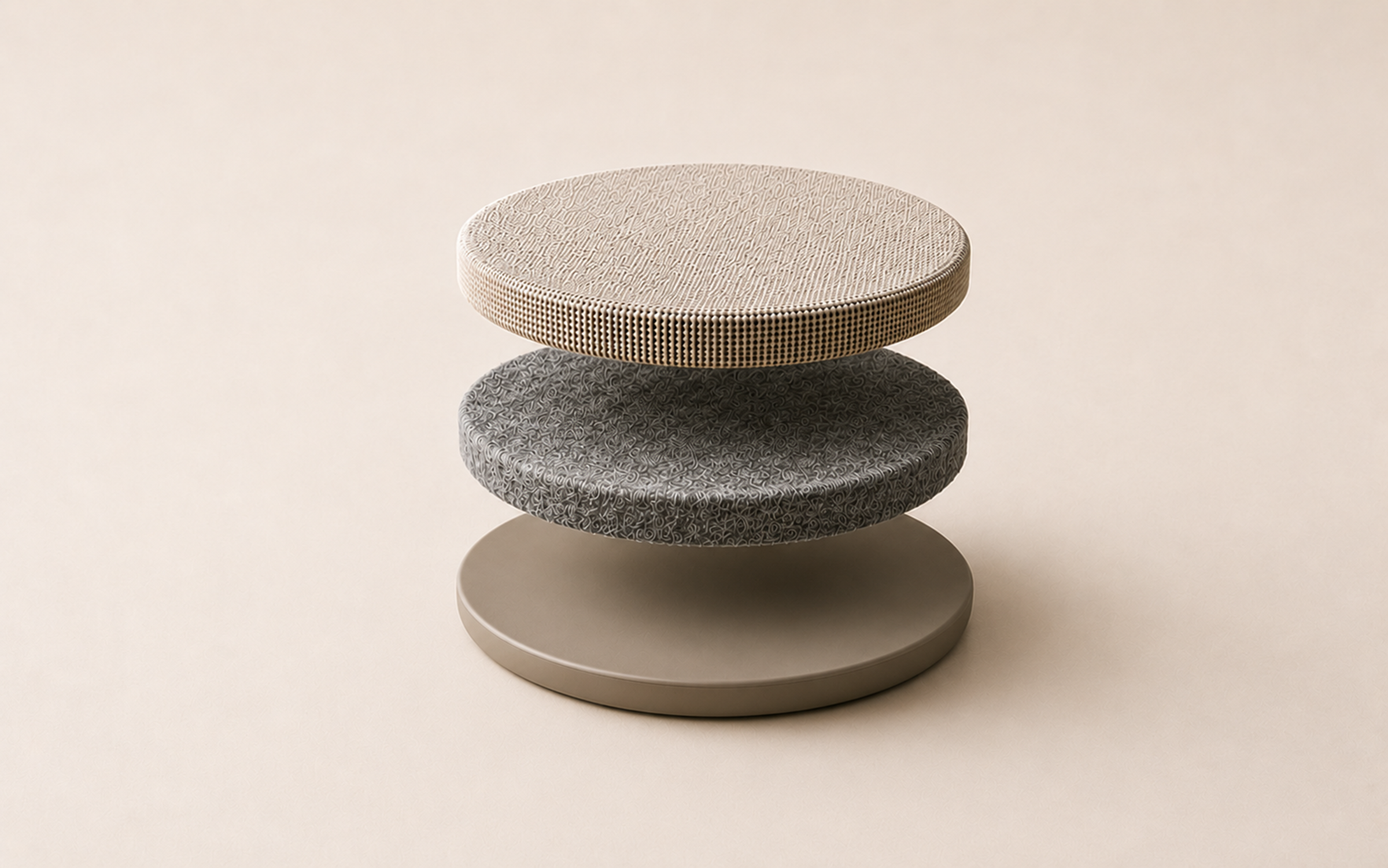 Exploded view of KAIO Speaker Pad textile surface, acoustic felt core, and silicone base