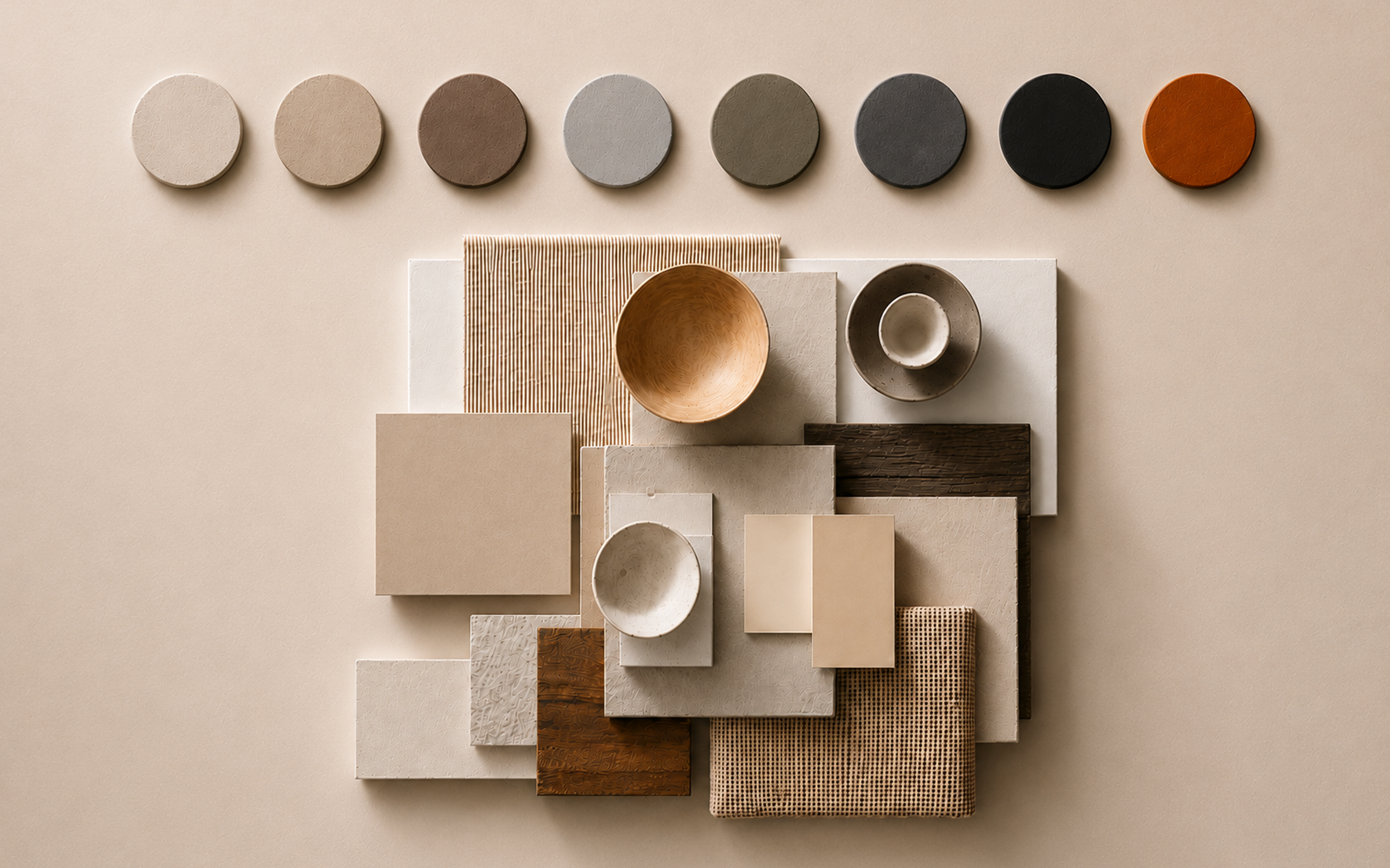 KAIO color palette arranged with wood, stone, ceramic, and textile materials